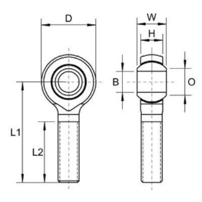 MS-M25 Dunlop Right Hand Metric Steel / PTFE Lined Male Rod End M24x2 Thread, 25mm Bore
