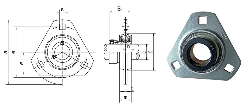 SAPFT201 Budget Brand 3 Bolt Pressed Steel Triangular Bearing 12mm Bore with Eccentric Collar Lock