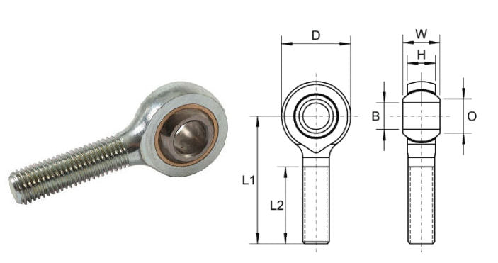 MBL-M20 Dunlop Left Hand Metric Steel / Bronze Male Rod End M20x2.50 Thread 20mm Bore