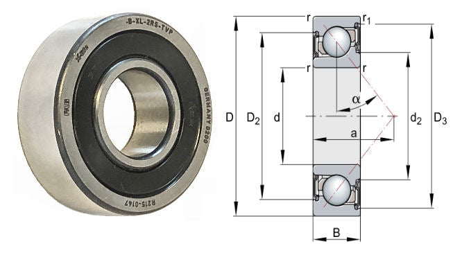 7008-B-2RS-TVP FAG X Life Sealed Angular Contact Bearing 40x68x15mm Diagram