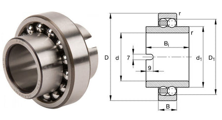 Self aligning ball bearing with an extended inner ring and polyamide cage 20mm inside x 47mm outside x 40mm wide, also known as 11204TN9, 11204TN, 11204TV