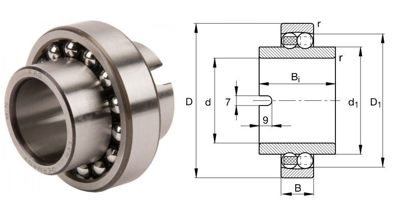 Self aligning ball bearing with an extended inner ring and polyamide cage 30mm inside x 62mm outside x 16mm wide, also known as 11206TN9, 11206TN, 11206TV