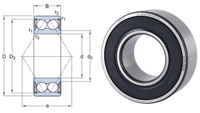 SKF 3201 A-2RS1TN9/MT33 Double Row Ball Bearing, Converging Angle